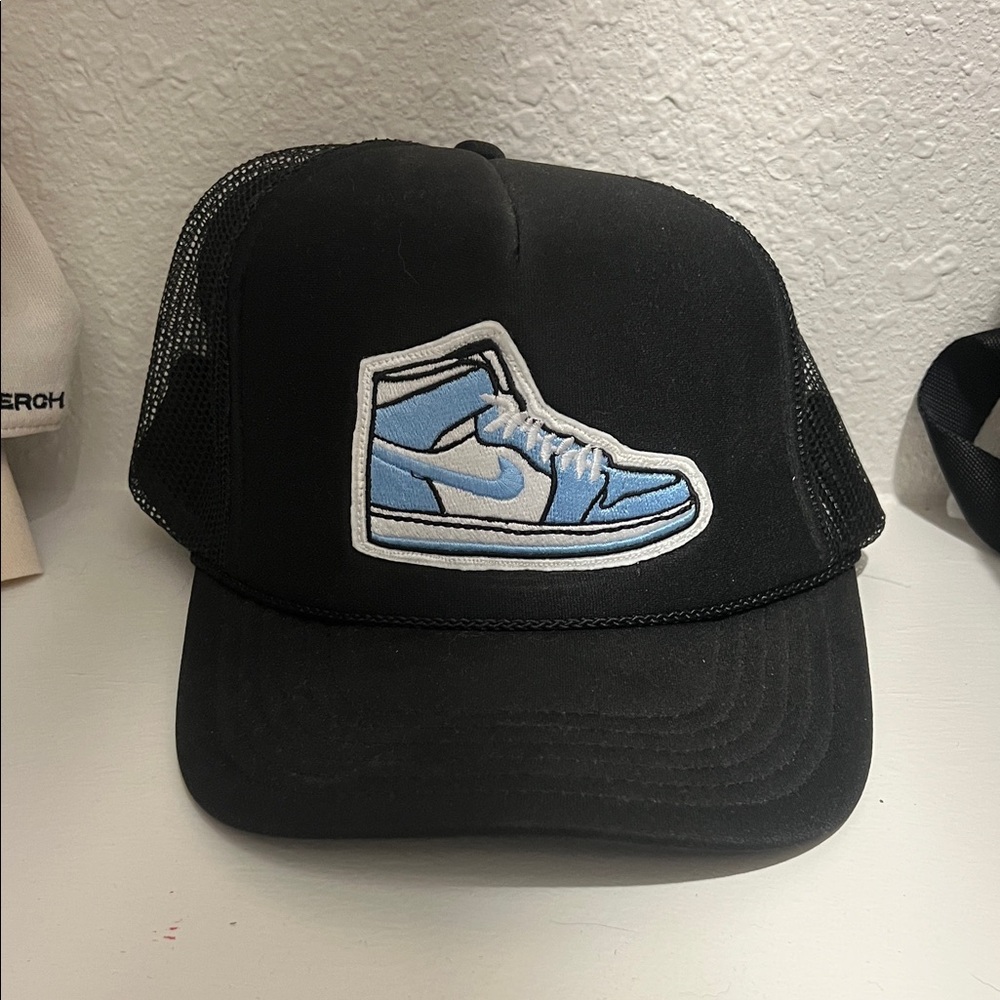 Black Trucker Hat with Blue Sneaker Patch